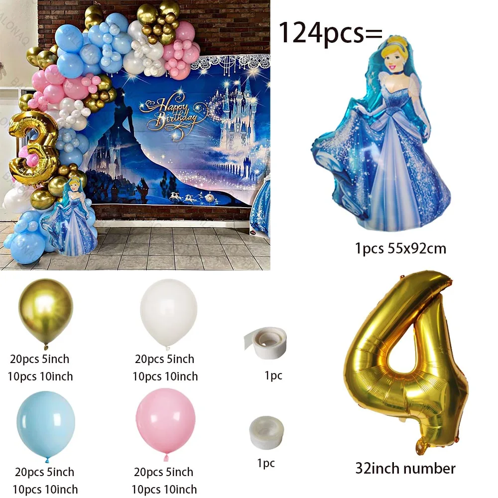 124pcs Disney Princess Cinderella Balloons Set 32inch Number Globos Cartoon Theme Birthday Party Decor Baby Shower Air Balls