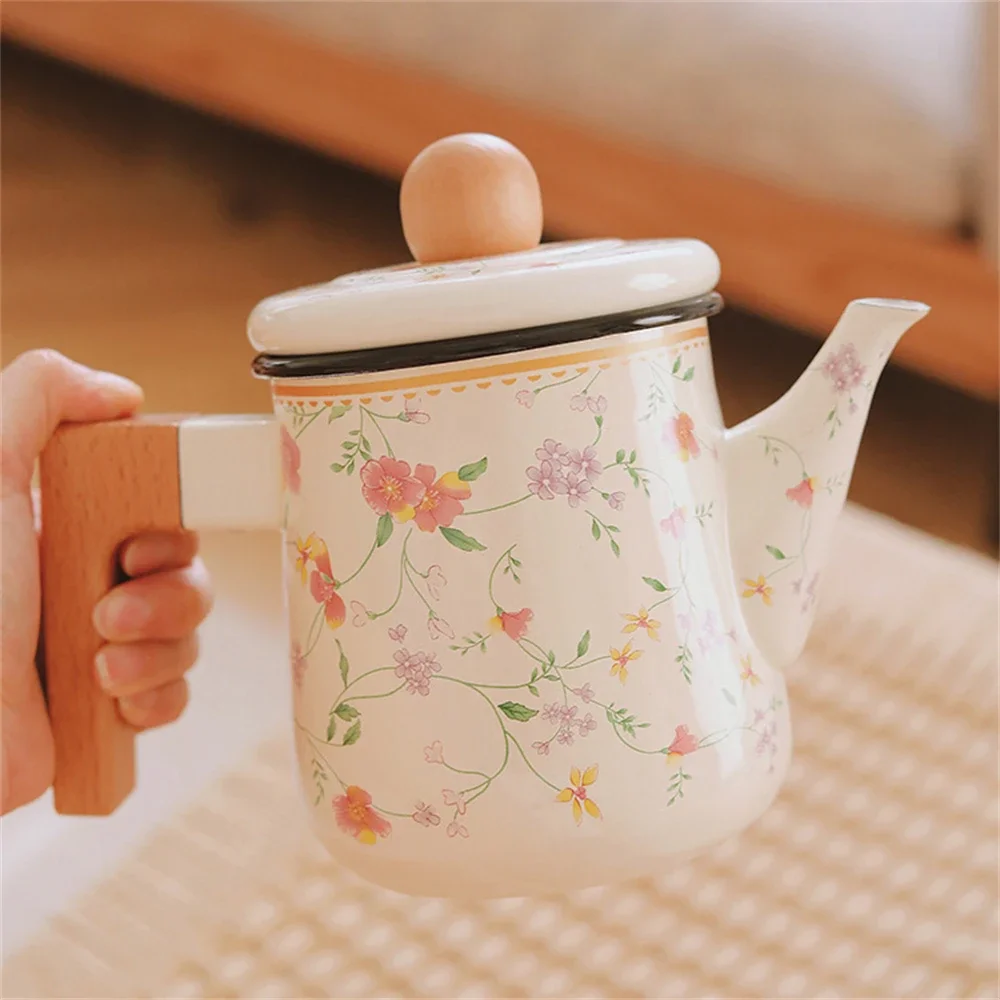 British Enamel Water Bottle Kitchen Supplies Flower Printing Cold Kettle with Lid Coffee Pot  With Fire Heating 1.2L Pot 12x10cm