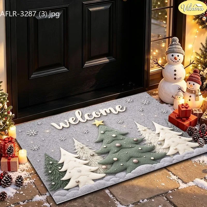 VIKAMA Christmas Doormat, Vintage Santa Sleigh & Flying Reindeer, Snowy Forest Scene, Decorative, Soft Durable, Hallway