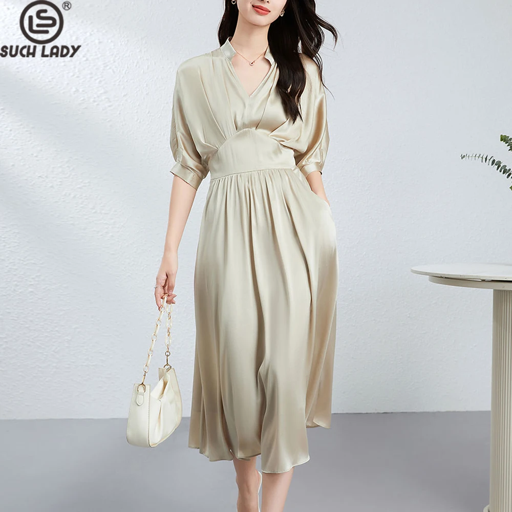 

92.3% Silk 7.7% Spandex Women's Dresses Sexy V Neck Short Sleeves Elegant Designer Fashion Mid Vestidos