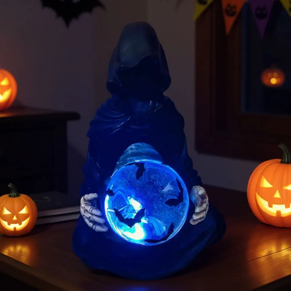 Les dieux de la mort boule de cristal Halloween Grim Reaper Statue avec des chauves-souris volantes boule de cristal Figurine gothique Grim Reaper Figurine