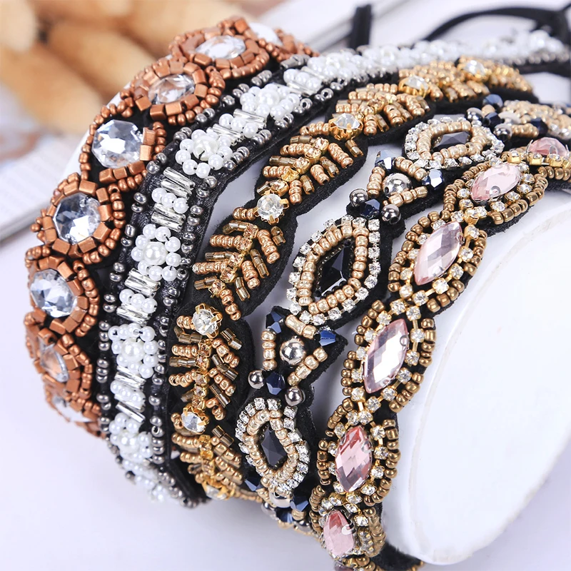 Ethnic Glass Beads Handmade Headband Pearl Rhinestone Customized Beaded Hairband Women Girls Hair Accessories Fashion DIY