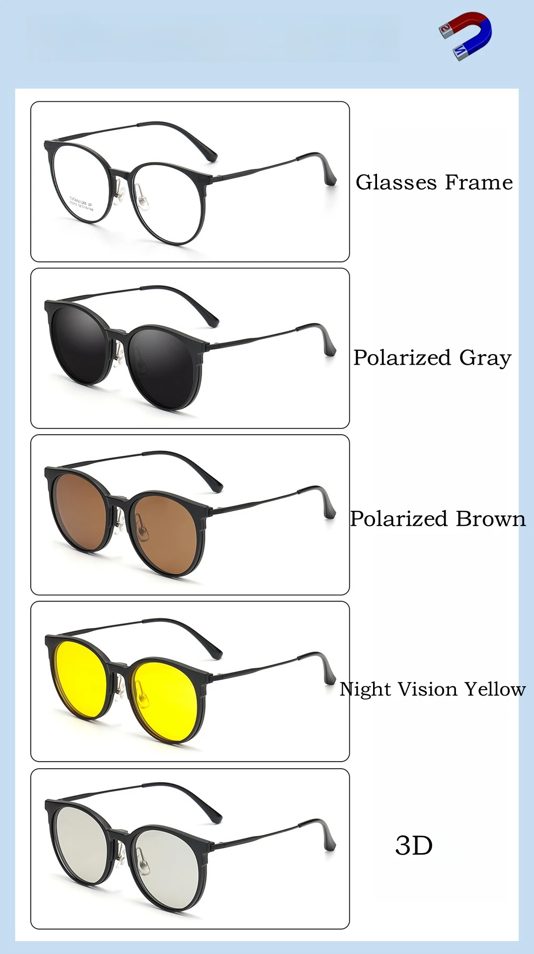 YIMARUILI 1+4 Retro Runde Magnetische Clip-On-Brille für Damen und Herren TR90 Reines Titan Optisches Brillengestell – Detail 2