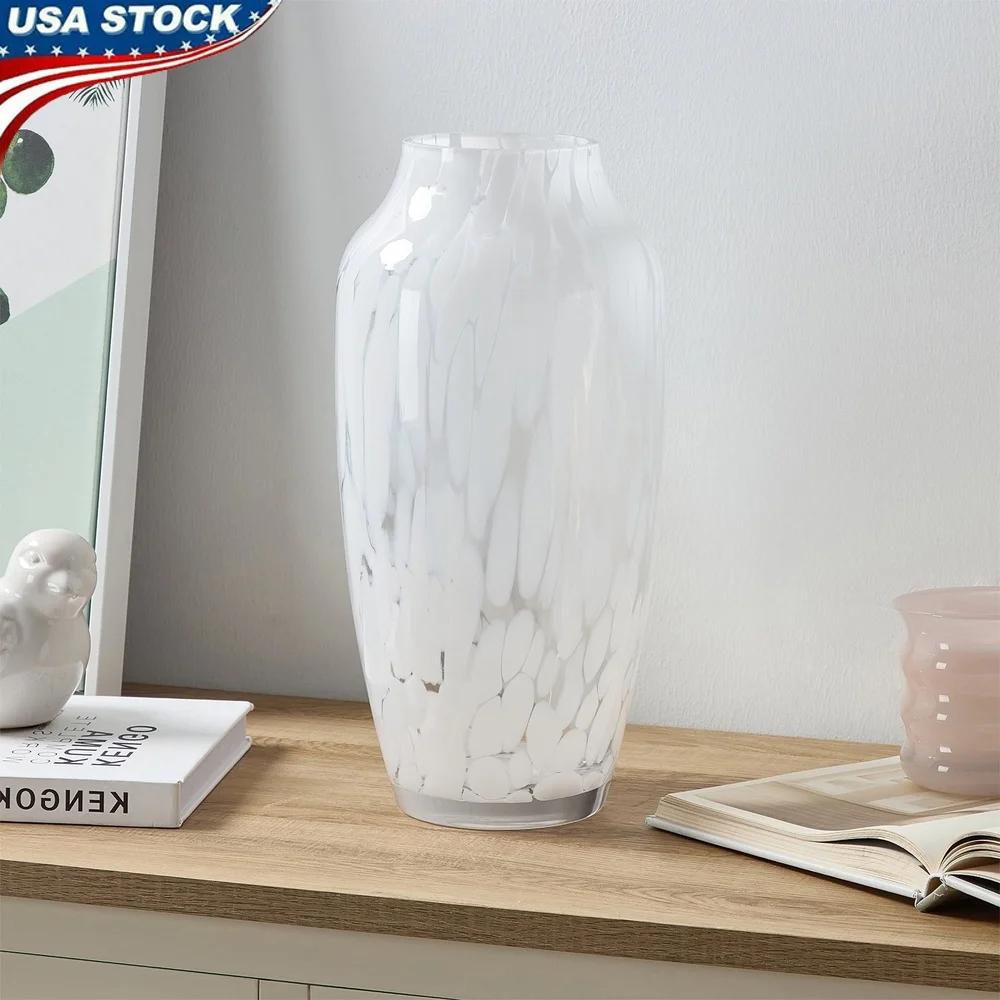

Tall White Glass Vase Painted Brushstrokes Decorative Centerpiece Flowers Modern Home Décor Office Living Room Table Accent