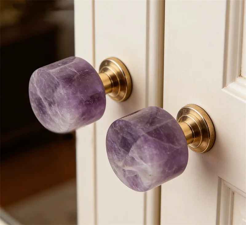 Natural Purple Crystal Cabinet Handles Drawer Door Knobs Brass Furniture Handle For Kitchen Cupboard Wardrobe Closet Pulls