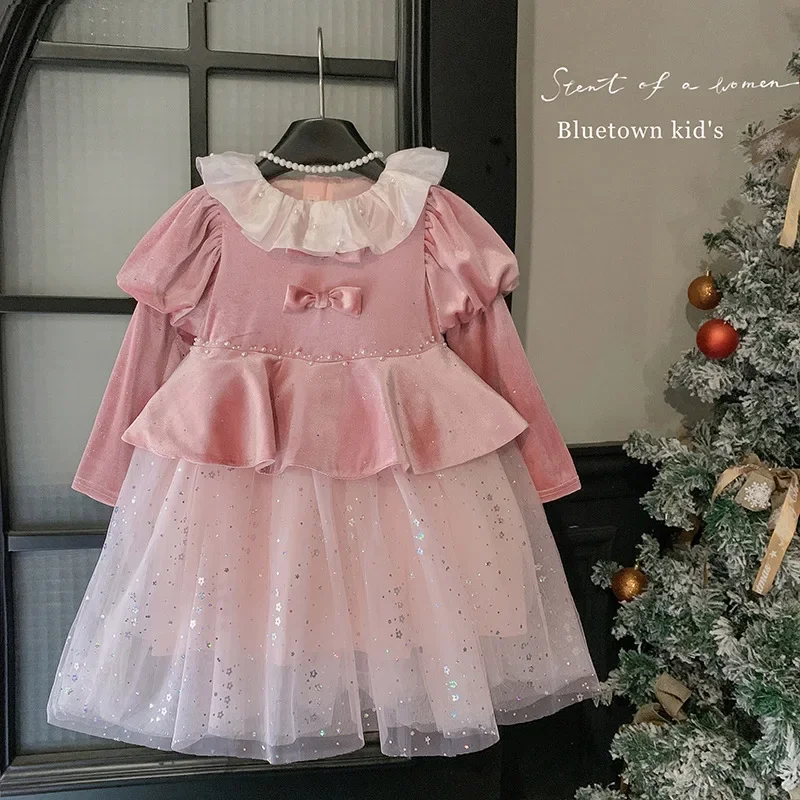 Girls' Autumn and Winter New French Bow Patchwork Velvet Puffy Princess Dress