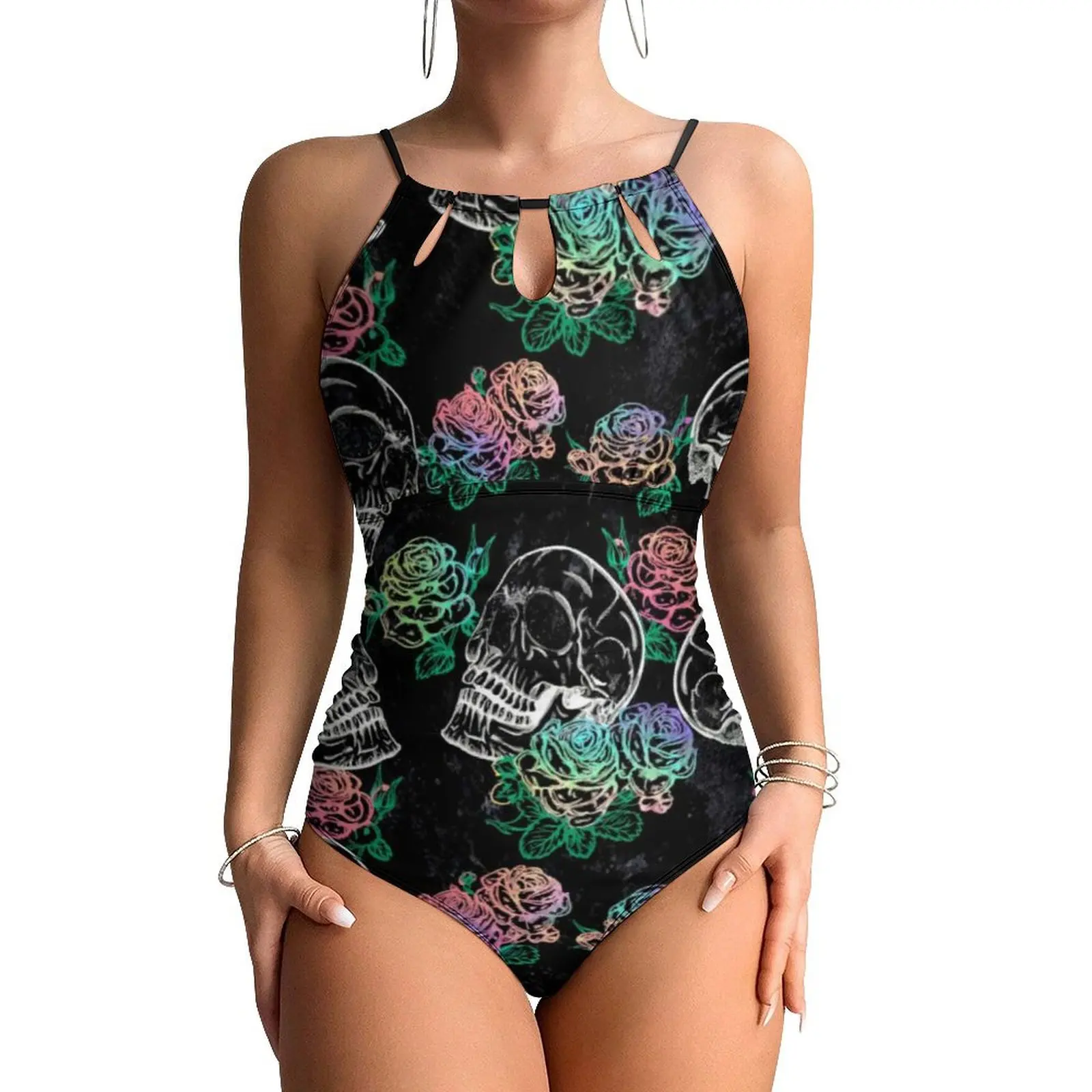 Sugar Skull Swimsuit Sexy Ombre Roses Print One Piece Swimwear Push Up Bodysuit Fashion Holiday Swim Beachwear