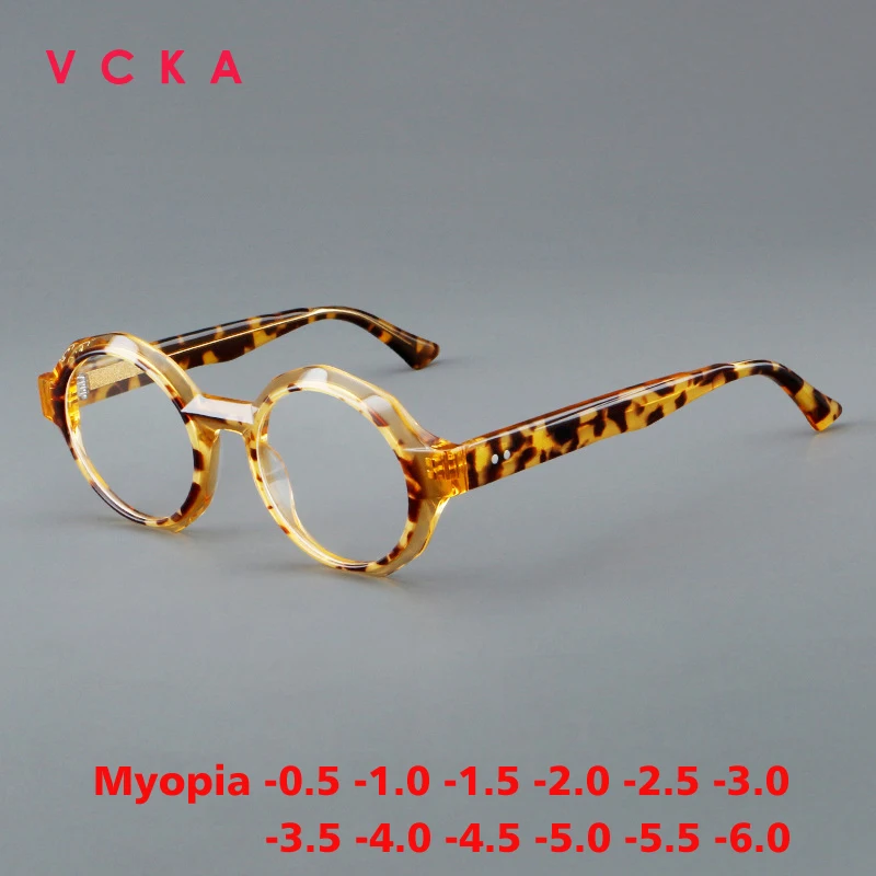 VCKA 2024 New Men Anti-Blue Acetate Customized Myopia Glasses Literary Retro Round Personalized Frames Women Eyewear -0.5 TO -10