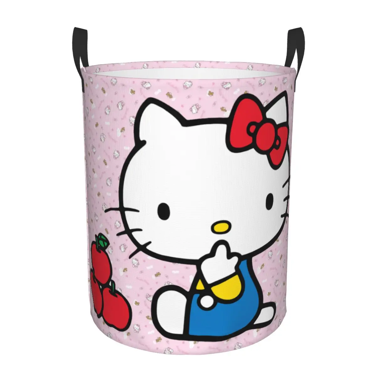 Custom Hello Kitty Enjoys A Delicious Apple Snack Laundry Basket Collapsible Large Clothes Storage Bin Anime Cat Baby Hamper