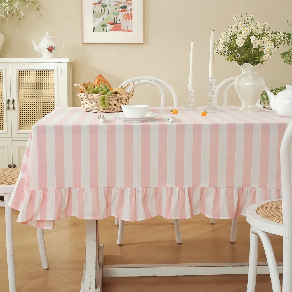 French Pastoral Style Yarn-Dyed Striped Table Cloth Cotton Coffee Ruffled Edges Decoration Tablecloth Rectangular Tablecloths