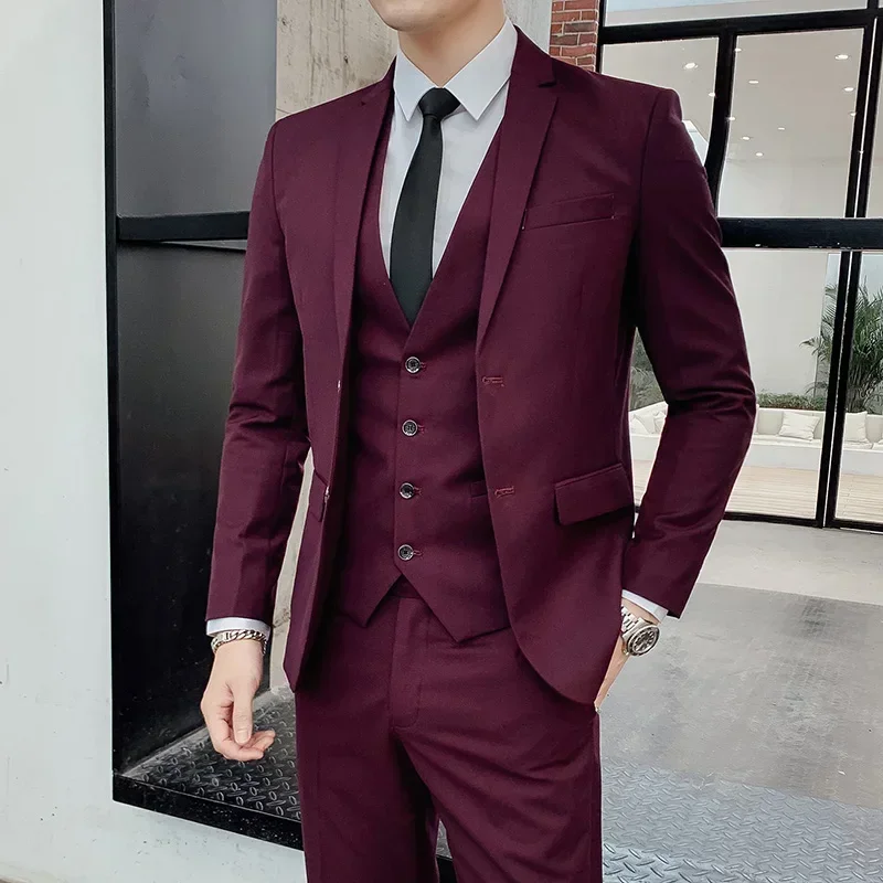 Slim Fit Male 3 Piece Wedding Dress Suits Set Men Business Casual Blazer Wedding Blazers Jacket Pants Vest Groomsman Wear Tuxedo