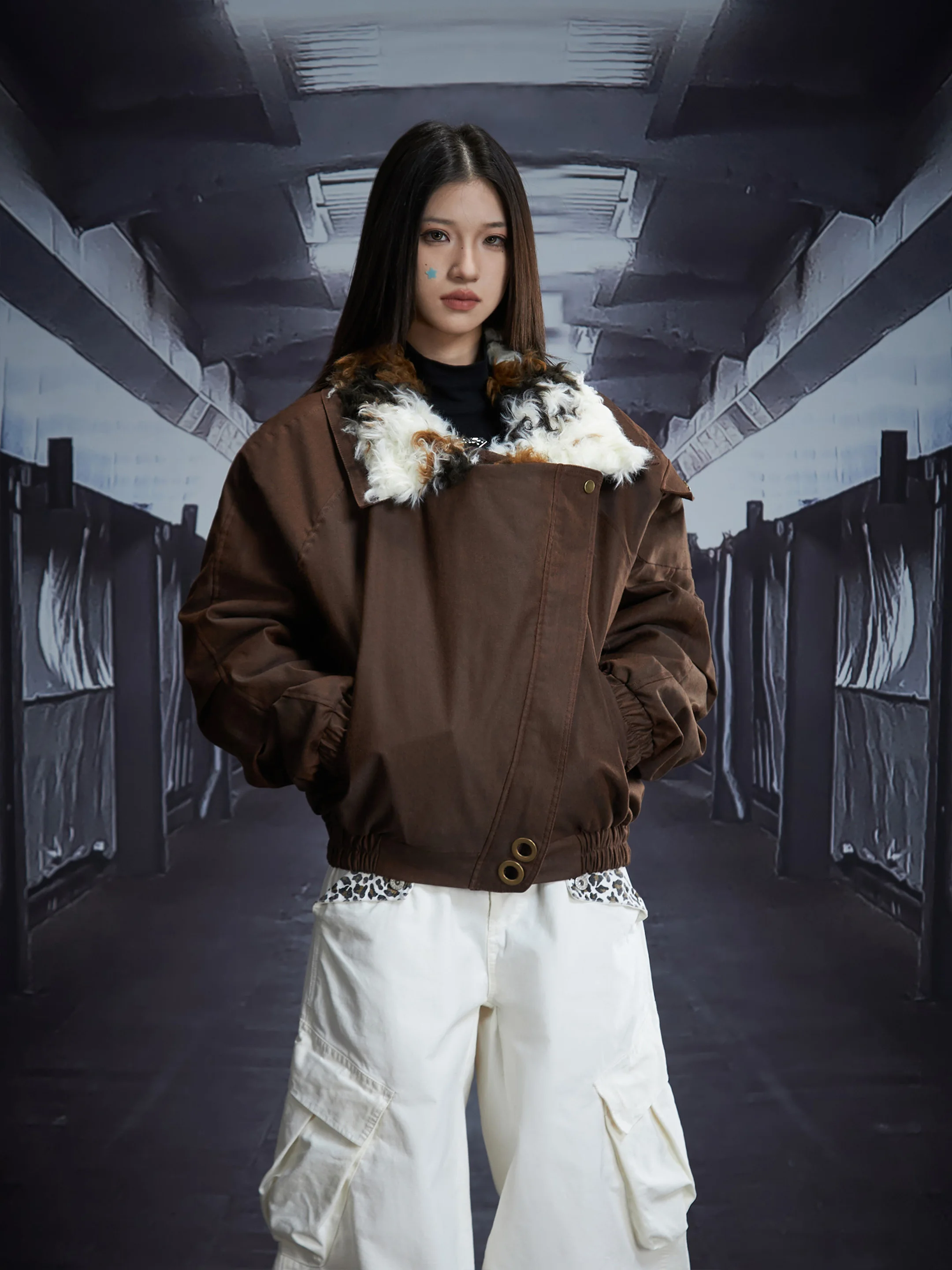 Curly Cows Pattern Loose Short Lapels Zipper Padded Jacket Cotton Clothing Coat