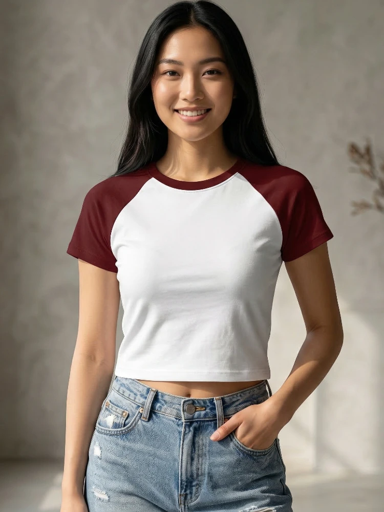 AOSSVIAO 2026 Sommer Baumwoll-T-Shirts mit Rundhalsausschnitt, Trendige Slim-Fit Farbblock Kurzarm Damen-T-Shirts, Sexy Vielseitige Crop Tops – Detail 3