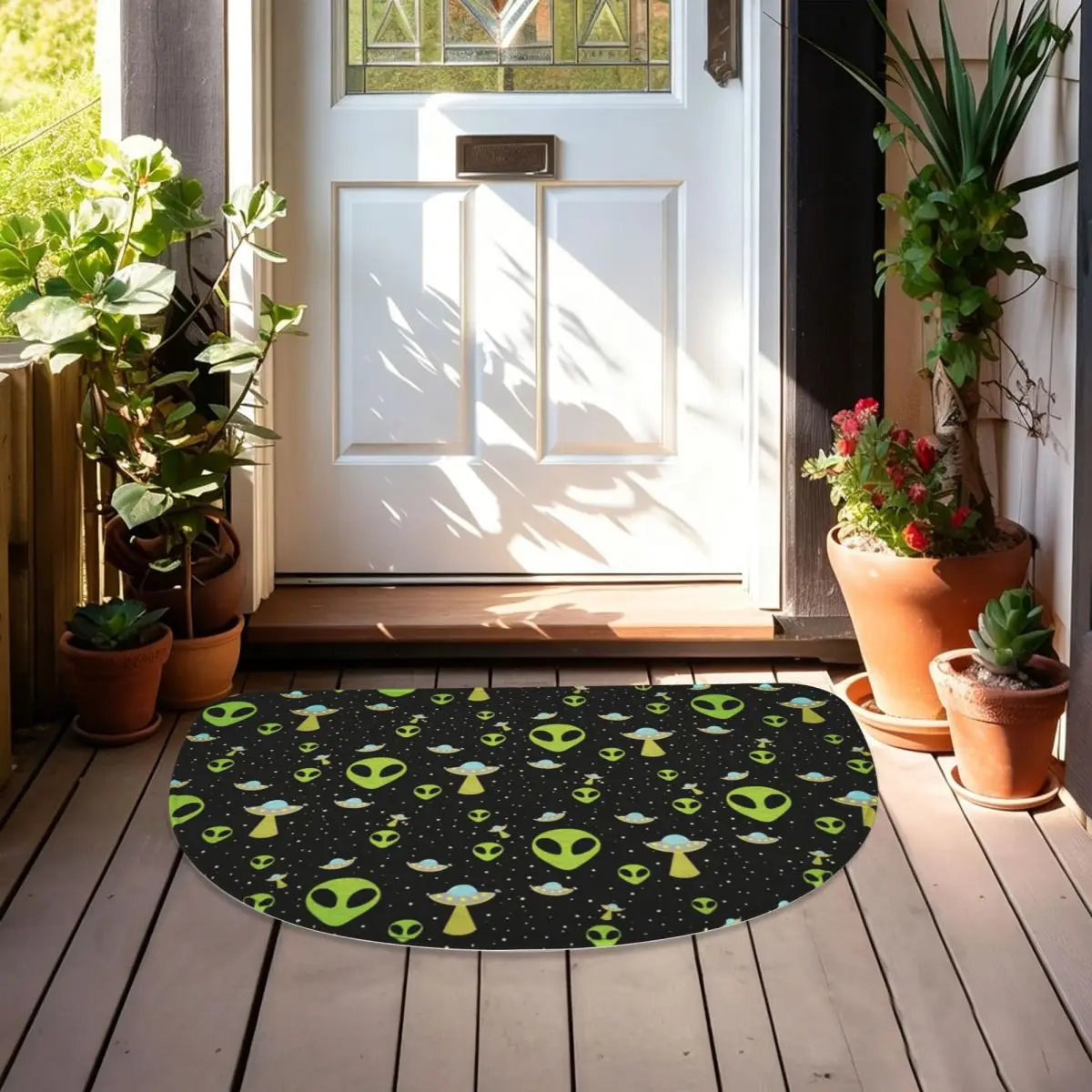 Green Alien Spaceship Pattern Soft Flannel Half Round Doormat Non Slip Bathroom Mat Absorbent Floor Carpet for Home Bedroom