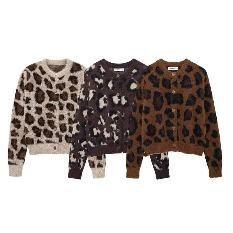 

Women' New Animal Pattern Jacquard Sweater Artificial Fur Cardigan Jacket Long Sleeve Leopard Print Warm Knitted Coat