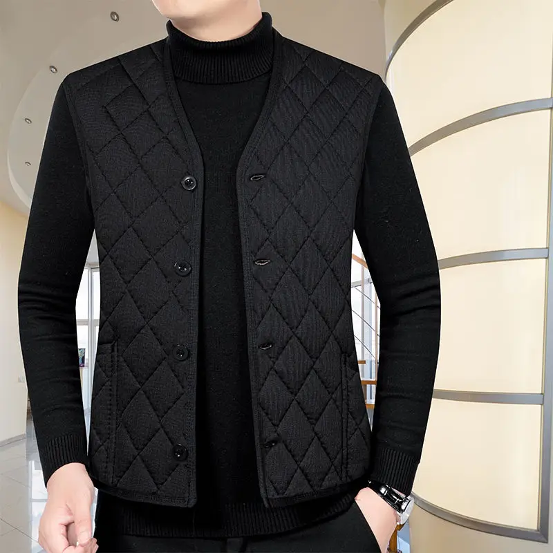 Autumn Winter Men Thicken Fleece Warm Cotton Coats Vests Streetwear Fashion Casual Male Clothes Slim Sleeveless Plaid Jackets