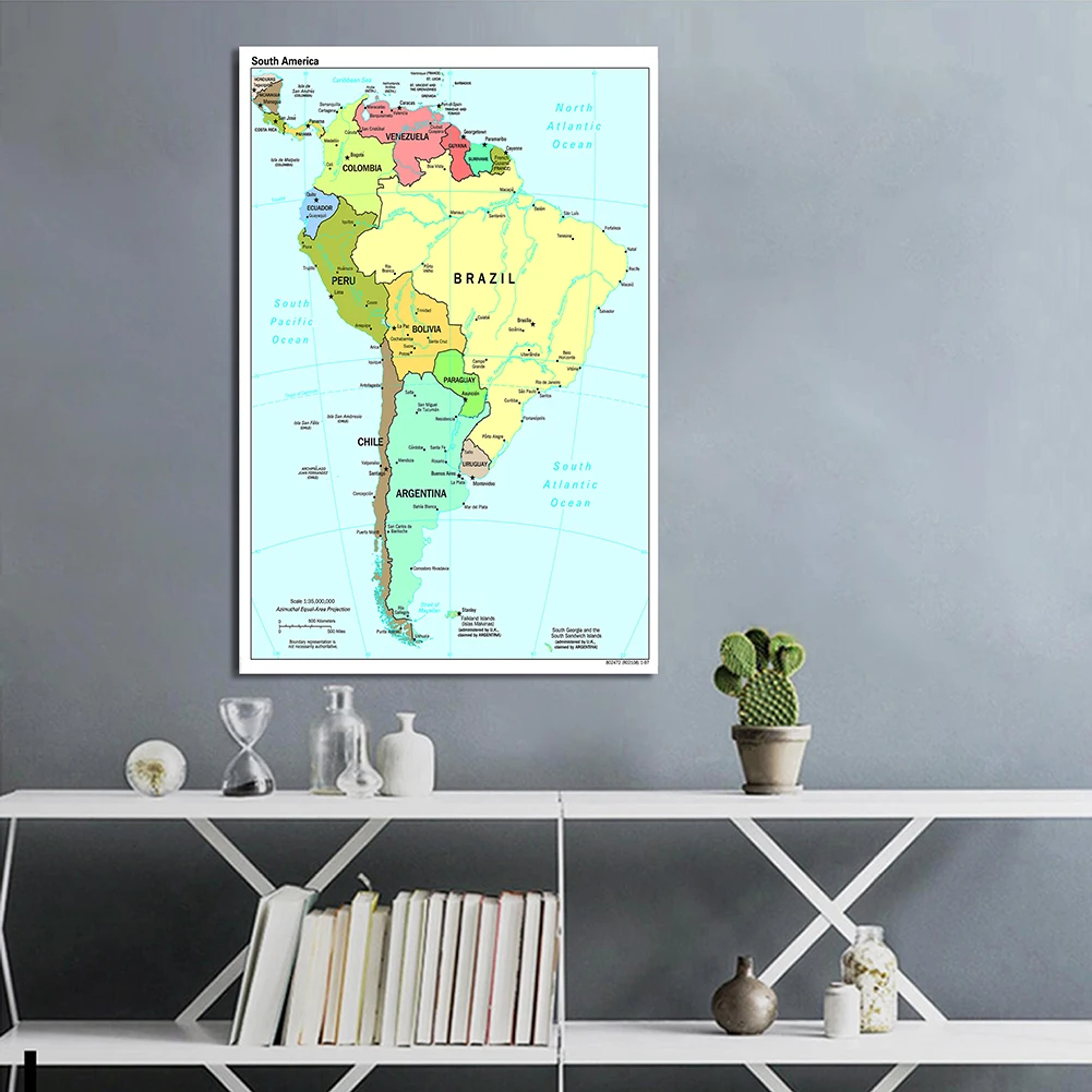 Map of South America in English Large Wall Poster Spray Canvas Painting Living Room Home Decor School Supplies 100*150cm