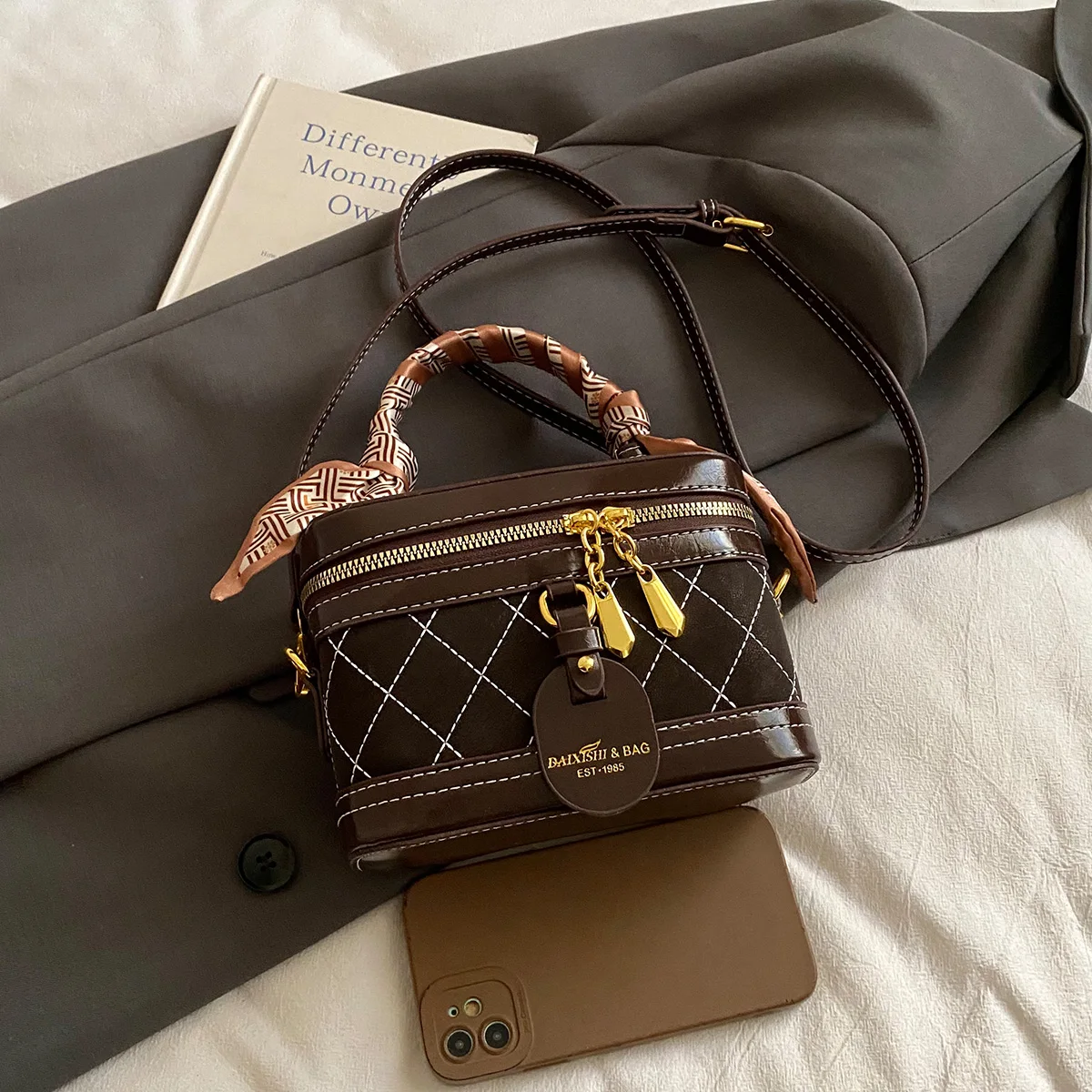 

For Daily Commute Fashion Quilted Argyle Handbag with Silk Scarf Accent Lightweight PU Zipper Adjustable Strap Crossbody