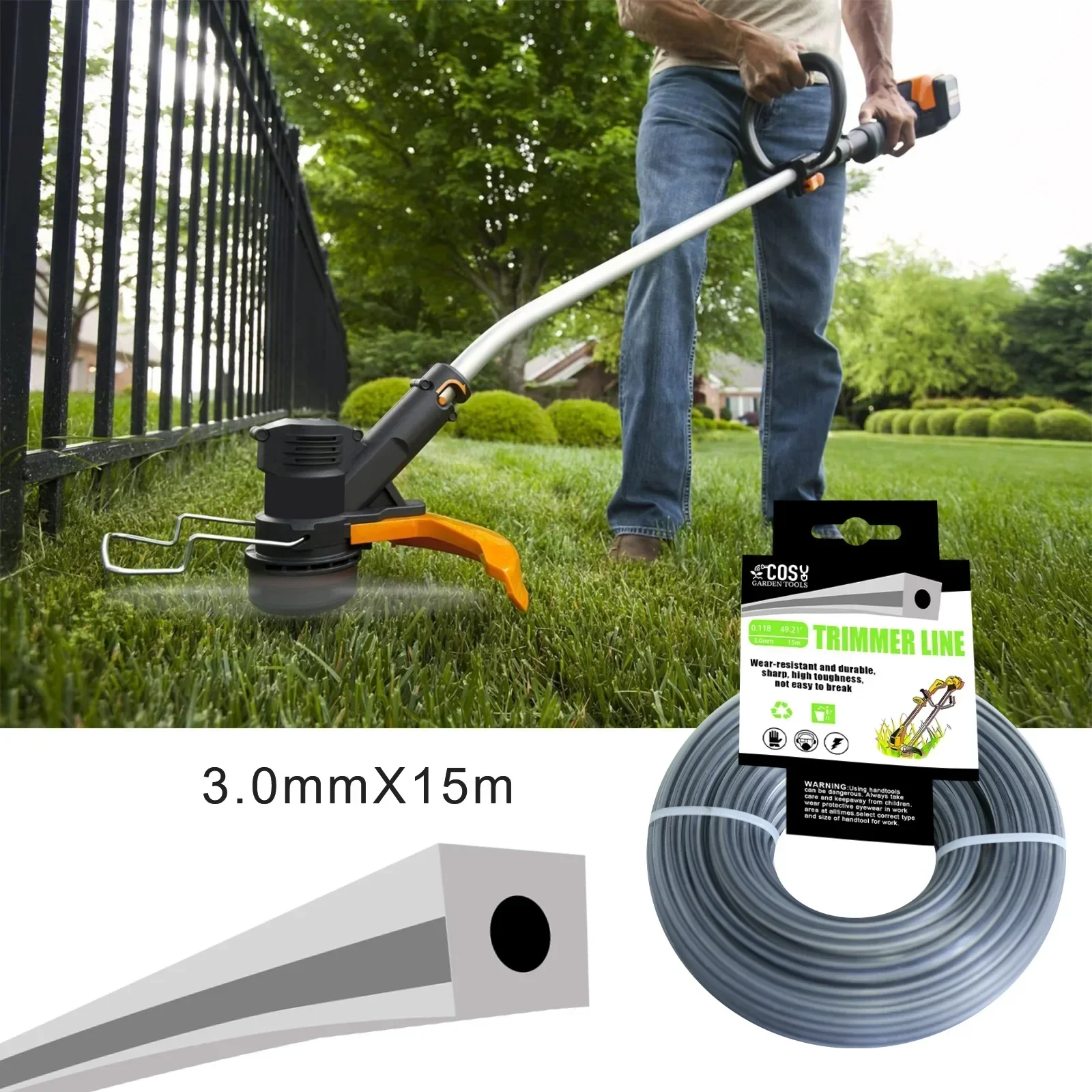 COSY attrezzi da giardino 3.0mm/15m Upgrade Square Double Core Rope Universal Grass Rope Trimmer Parts per tosaerba Rolling Grass Rope Line