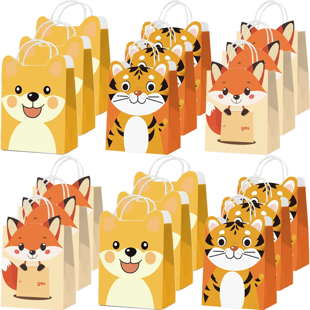 Dschungeltiere Papiertüten mit Griff 6/12/18/24 Stück Hund Fuchs Tiger Geschenk Goodie Bag Süßigkeitentüten für Tierparty-Dekoration Gefälligkeiten – Detail 1