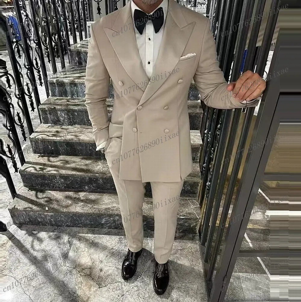 New Formal Occasion Khaki Men Suit Groomsman Groom Wedding Party Business Prom Male Tuxedos 2 Piece Set Blazer Pants