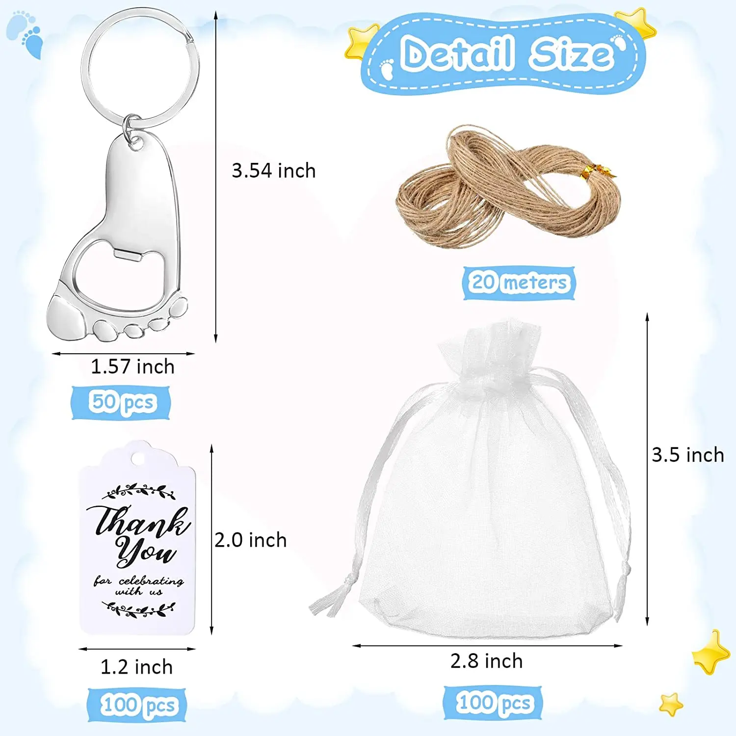 50-piece baby footprint key chain bottle opener baby shower party with organic cloth bag and baby shower party souvenir label