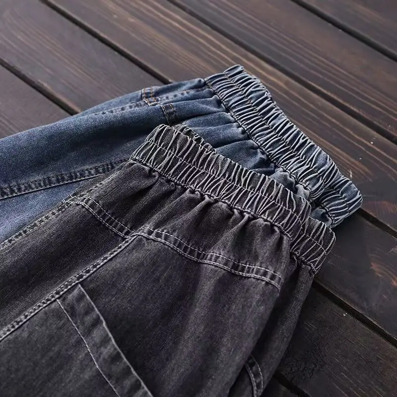 Vintage Calf Length Wide Leg Baggy Jeans For Women Casual Washed High Waisted Denim Pants 2025 Summer Loose Harem Jeans