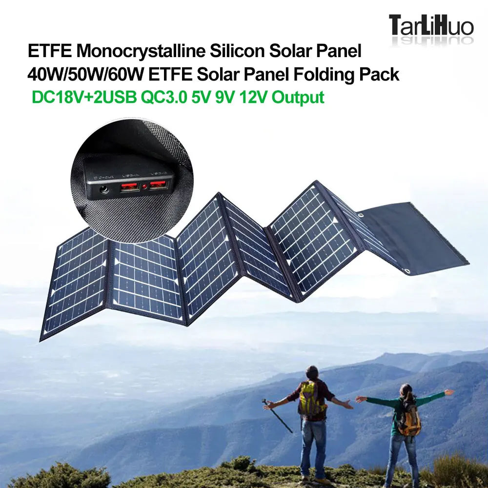 Folding Solar Panel 40W 50W 60W ETFE Solar Pack USB QC3 DC 12V 18V Output Outdoor Power Generation Mobile Phone Solar Charging