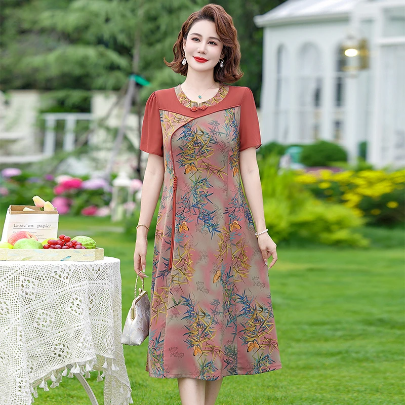 Retro Female Floral Silk Midi Dres Spring Summer Elegant Chiffon Splice Dress Vintage Casual Party Dresses Knee Long Robe