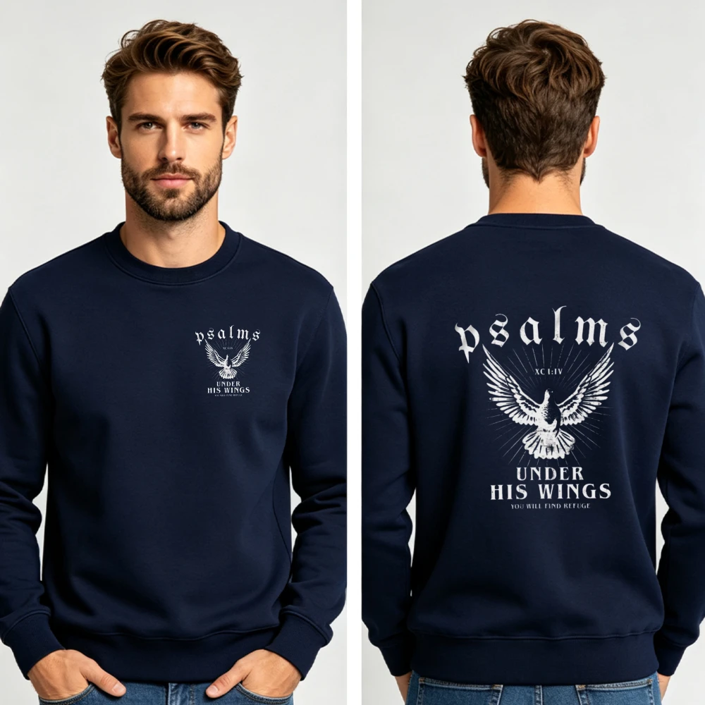 Men Double Sided Print Crewneck Sweatshirt Psalms Under His Wings Dove Bible Verse Christian Faith Loose Pullover Sweat Tops
