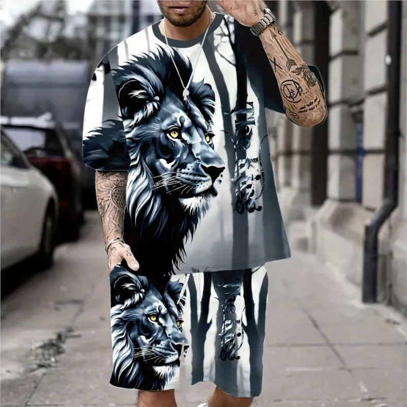 

2025 Summer New Men's Suit Lion King 3D Printed Mens T-shirt Set Summer Round Neck Short-sleeved T Shirt Top Casua