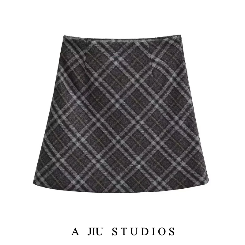 

Retro American Tweed Plaid Wrap around High Waist A-Line Skirt for Women Autumn Winter Slimming Ele Versatile ort ...