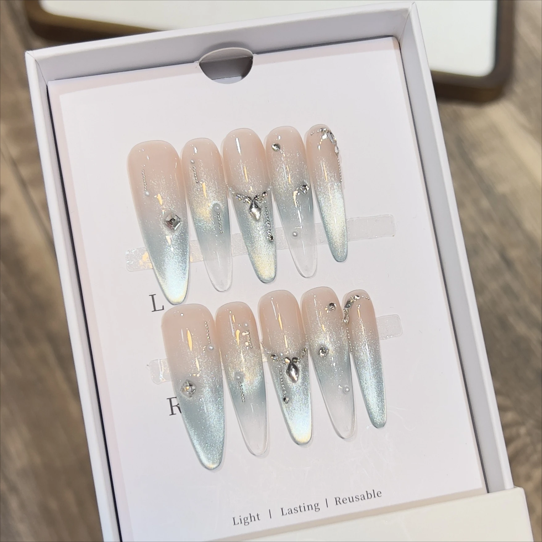 10 stuks groen kristal cat eye druk op nagels lange amandel nepnagels shell print kunstnagels glitter diamant parel Franse nail art