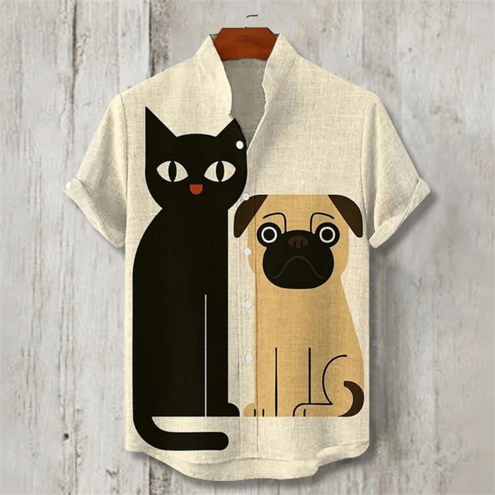 

Men's plus Size Linen Shirt High-Quality Streetwear Top Stand up Collar Animal Print Short Sleeves