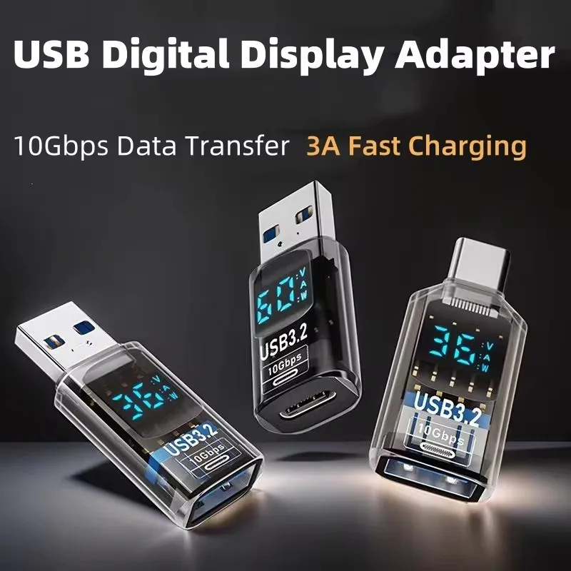 

36W 3A Charging Adapter with Digital Display USB 3.2 10Gbps OTG USB A Male to C PD 60W Charger Voltage Current Power Meters