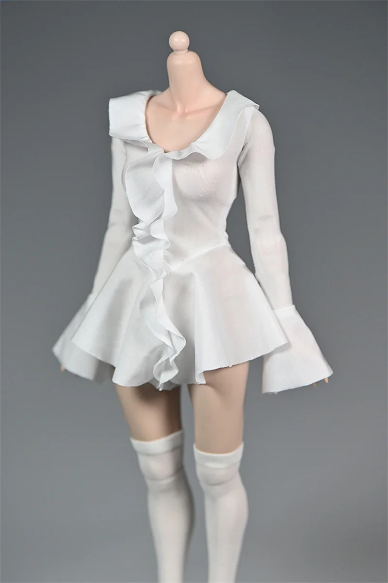 1/6 Female Soldier Fashion White Wide Collar Long Sleeves Elastic Flounce Dress Fit 6