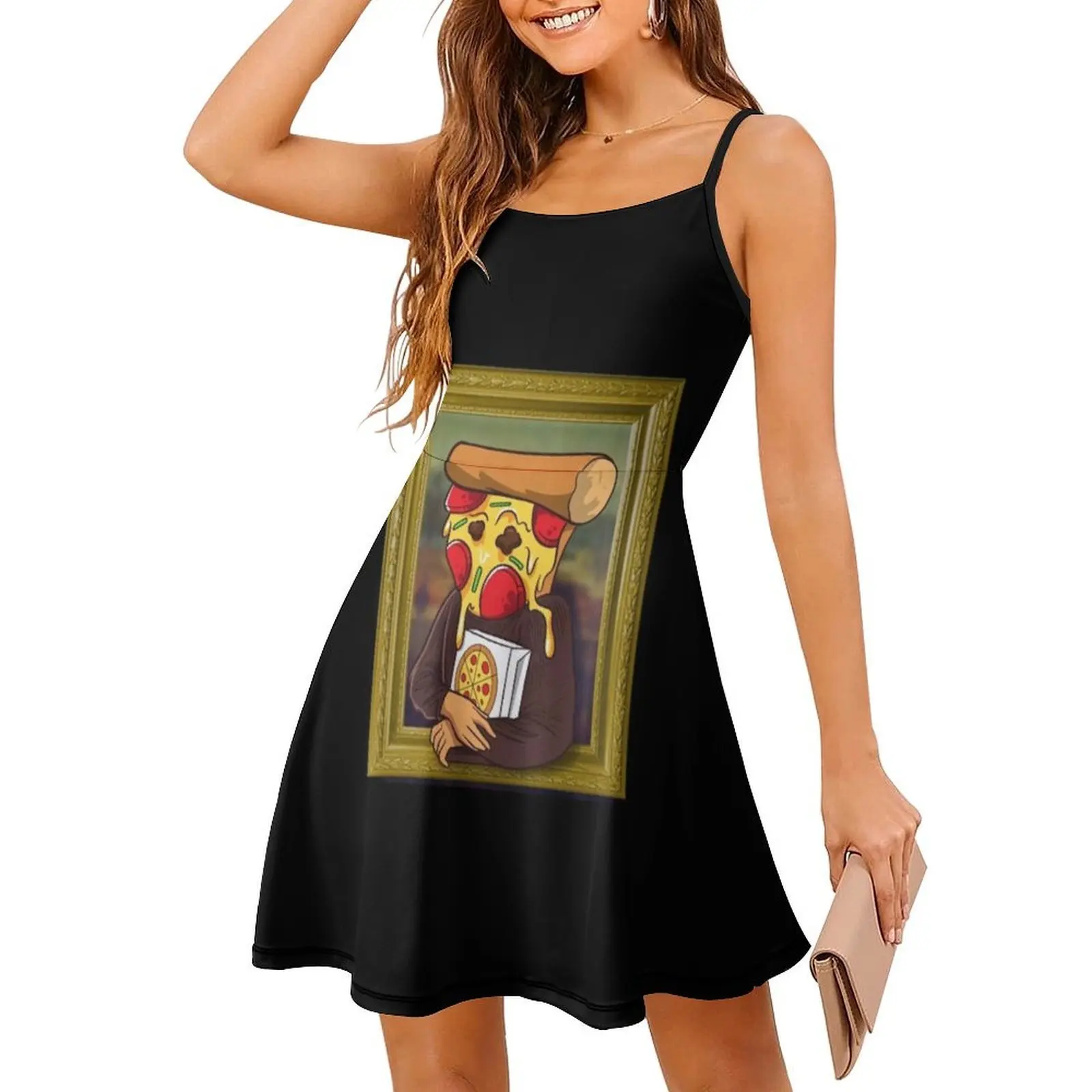 فستان البيتزا الموناليزا المضحك للفنان ومروحة البيتزا فستان سموك مزين بالزهور للنساء للربيع والصيف فستان كاجوال لمحبي البيتزا للحفلات #3