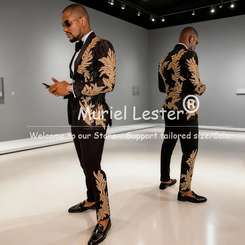 

Уникальный дизайн, мужские костюмы для свадьбы, блестящие золотые аппликации, пиджаки для выпускного вечера, индивидуальные комплекты из 2 предметов, смокинги для жениха, костюм Homme