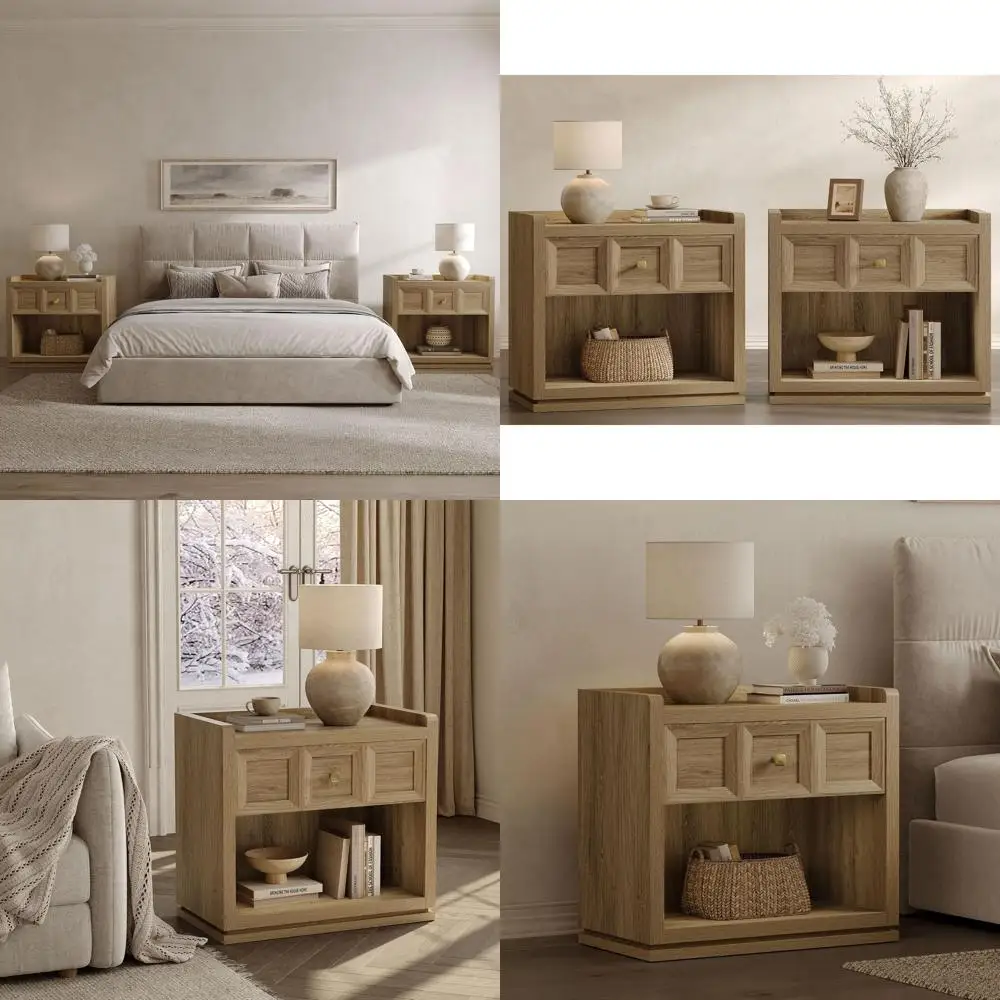 26 Wide Oak Nightstands Set for Large Queen Beds, Bedroom Side Tables (Brown)