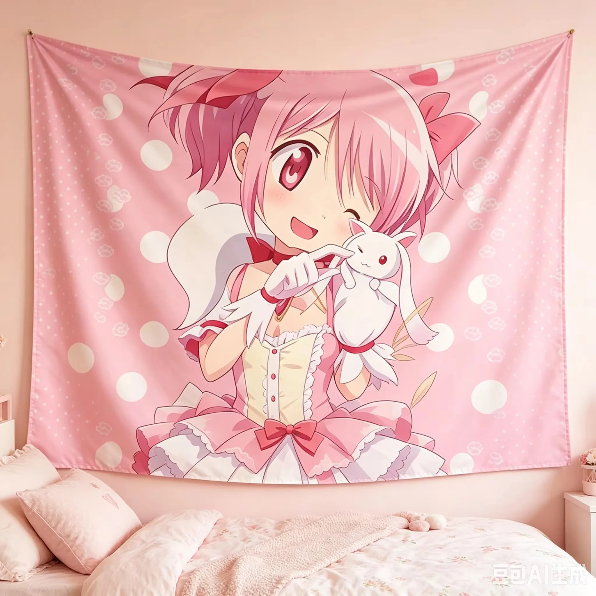 Madoka Magica Kawaii Pastel Pink Tapestry, Large Size Polka Dot Polyester Wall Hanging for Bedroom Dorm Living Room Decor Gift