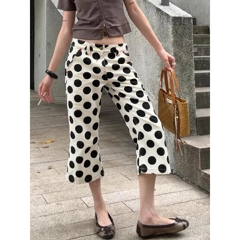 

Women's Short Polka Dots High Waist Jeans Y2K Straight Calf-Length Trousers Streetwear Vintage Wide Leg Denim Shorts