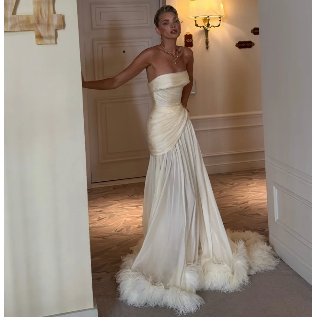 

Exquisite Strapless Evening Dresses Woman Feathers Train Luxury vestidos de noche Prom Dress Wedding Party Gowns Customized