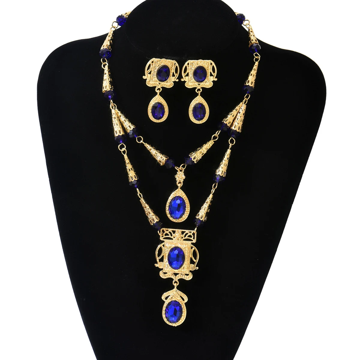 Vestido de casamento marroquino, joias artesanais, vermelho, azul, pedra preciosa, colar, brincos, banhado a ouro, kaftan, acessórios de noiva