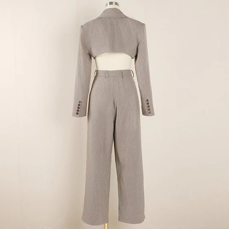 Completo intero da donna a quadretti, giacca sexy in vita ritagliata, pantaloni a gamba larga con decorazione della cintura, pantaloni lunghi di alta qualità,