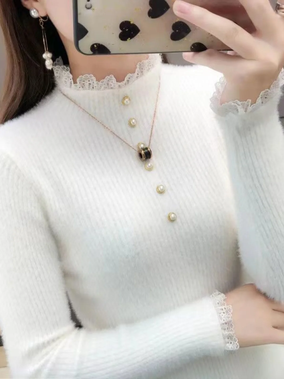 

Ladies' Faux Mink Trim Slim Fit Hoodie Base irt Inner Wear Color High Collar Comfortable Breathable Spring Autumn Winter