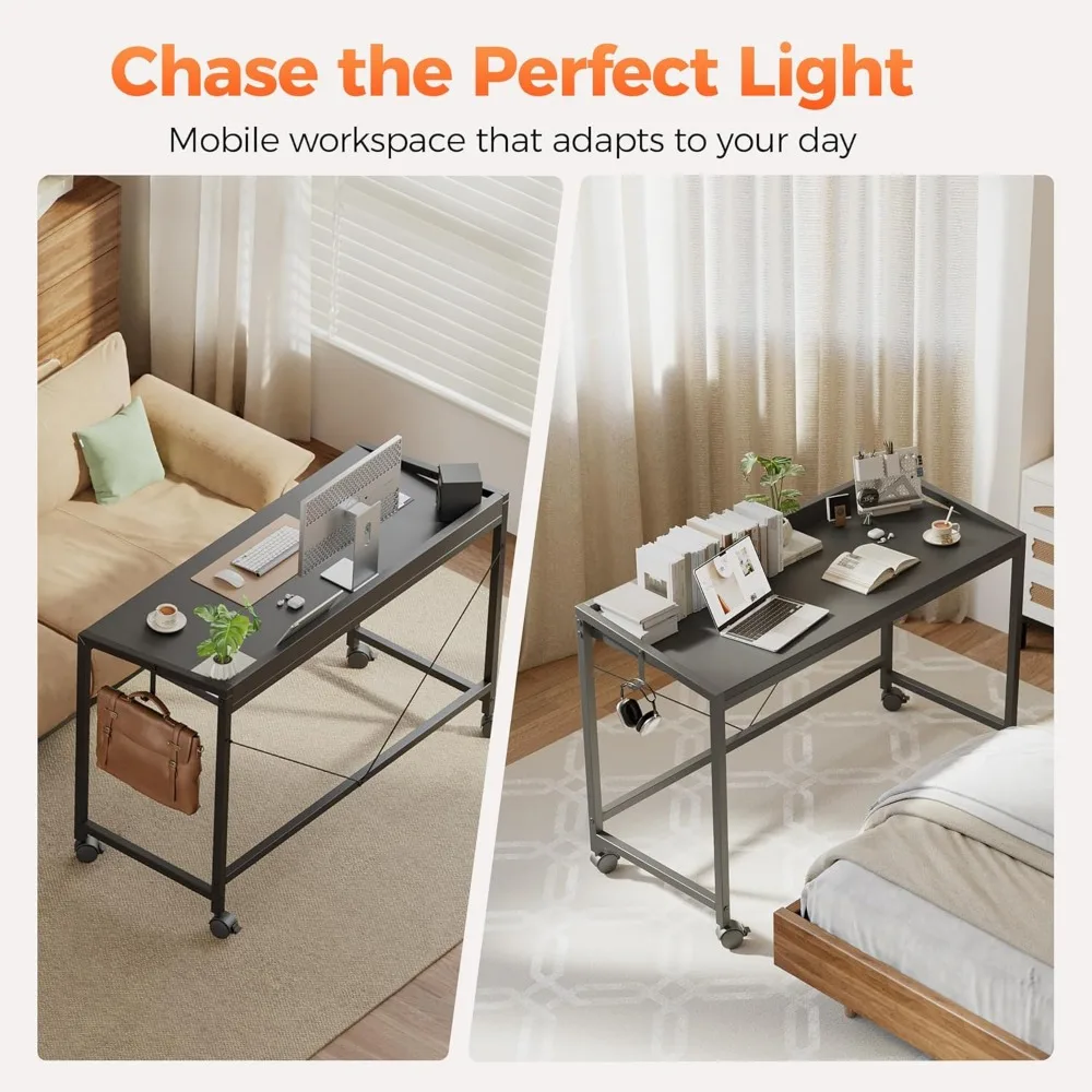 مكتب ألعاب مدمج مع عجلات، طاولة مكتب منزلية على الطراز الحديث للمساحات الصغيرة، مثالية للدراسة والكتابة