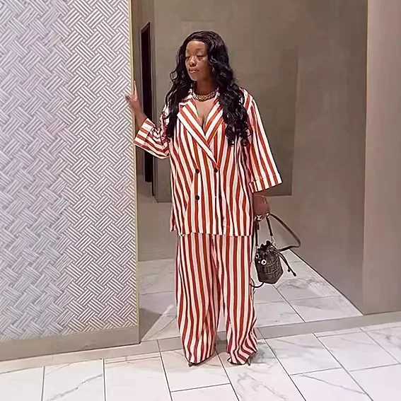 

Pant Set Women Two Piece Sets Turn Down Collar Full Sleeve Shirt Tops Striped Wide Leg Long Pants High Waist Y2k Streetwear