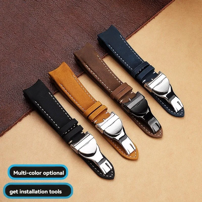 For Tudor Black Bay Chronometer Men Watch M79363 M79360 Arc Mouth Retro Leather Watch Strap Folding Buckle Bracelet Black Brown