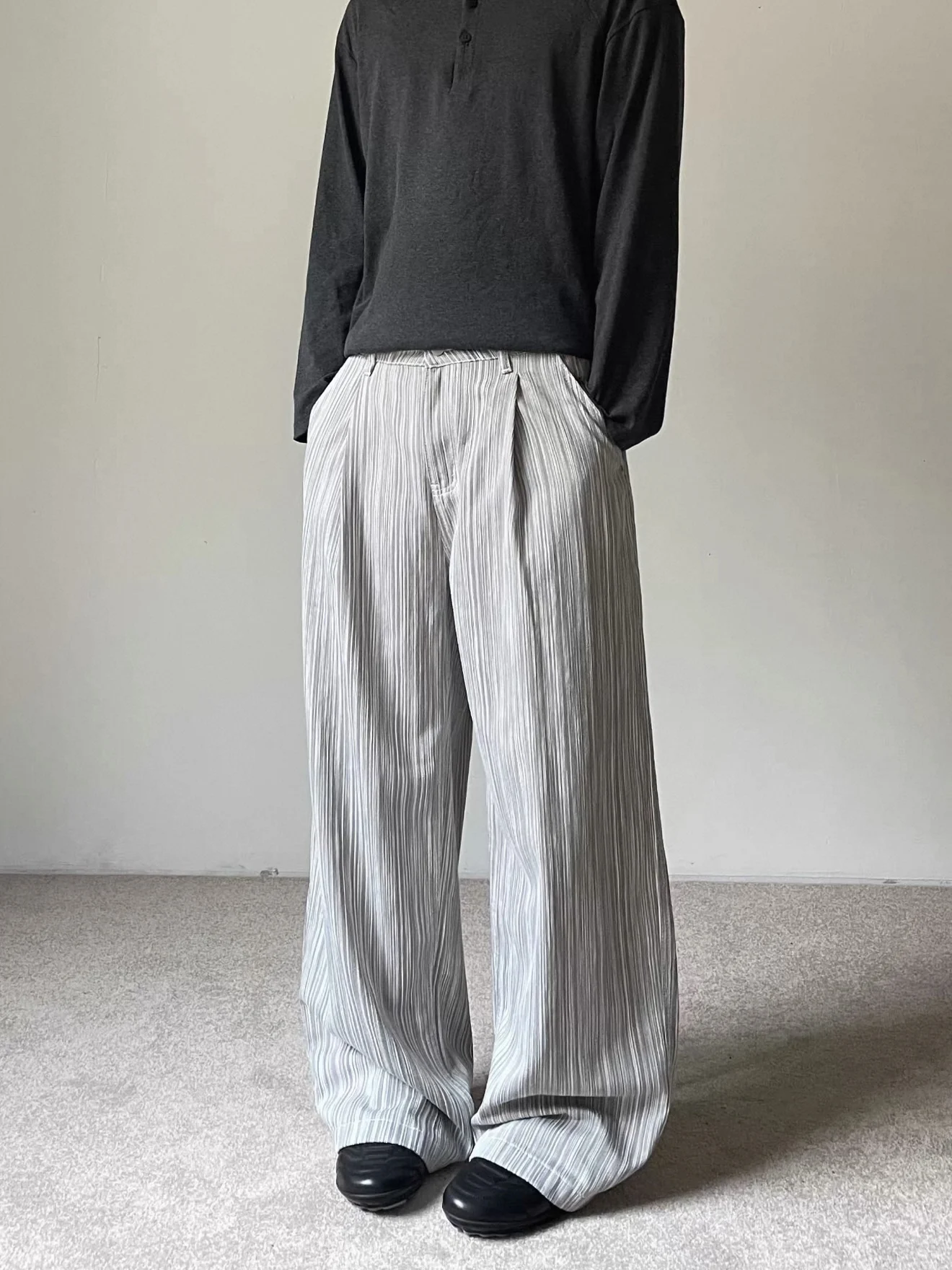 

American Retro Striped Casual Trousers Men Women Design Sense Waist Belt Flip Match All Drag Floor Wide Leg Pants