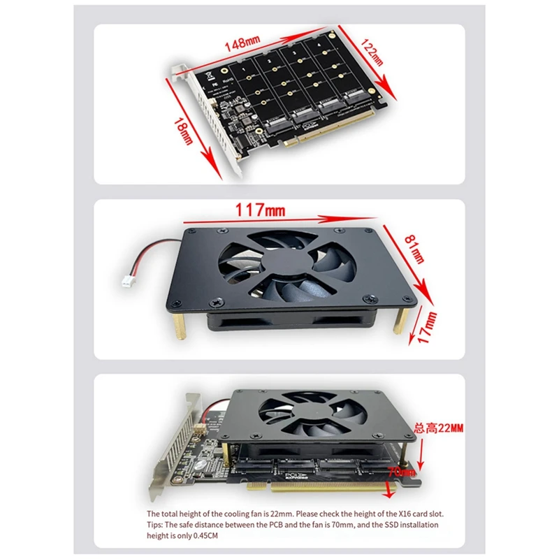 PCIEX16 NVME M2 MKEY SSD RAID Array Expansion Adapter Card Motherboard PCIE Split Card With Cooling Fan Durable